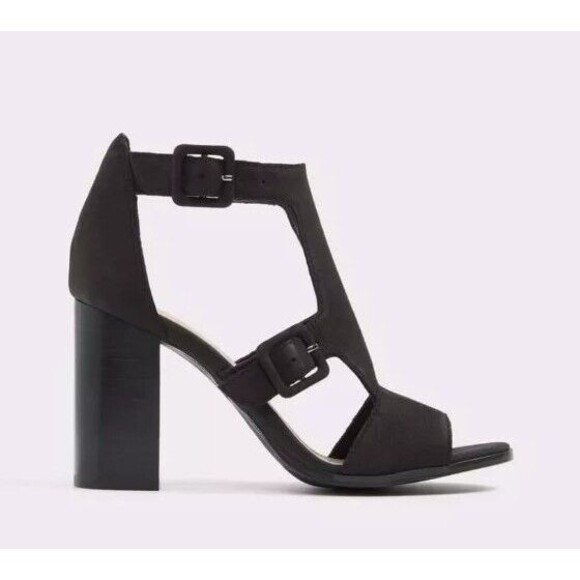 Aldo Black Suede Block Heels Size 8 Meygan-93 BUCKLE SANDAL PEEP TOE - Picture 2 of 16